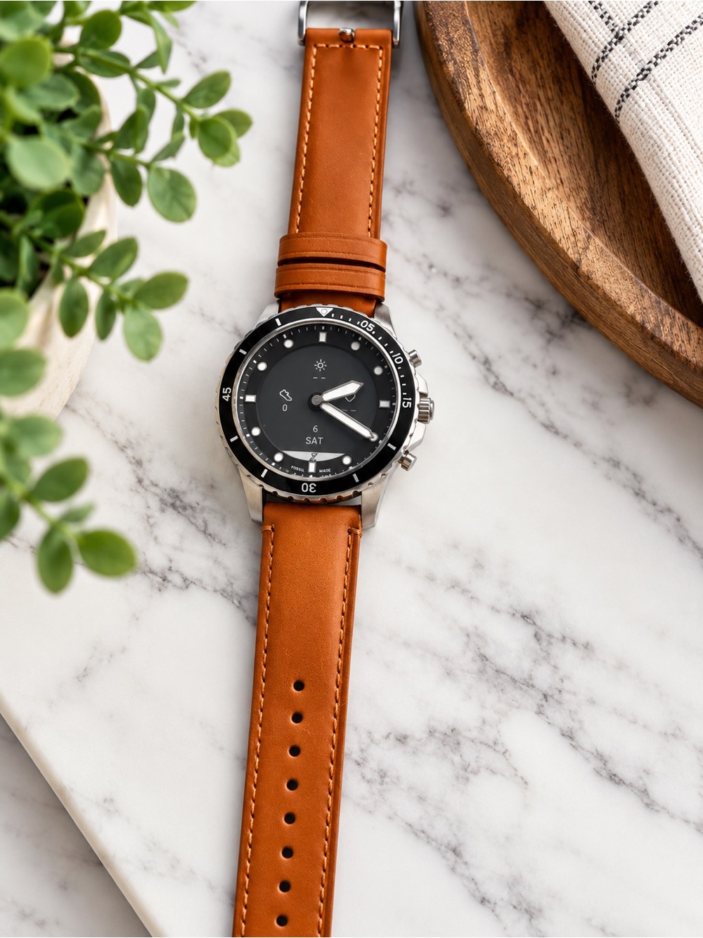 Fossil Black Dial Watch with Tan Leather Strap